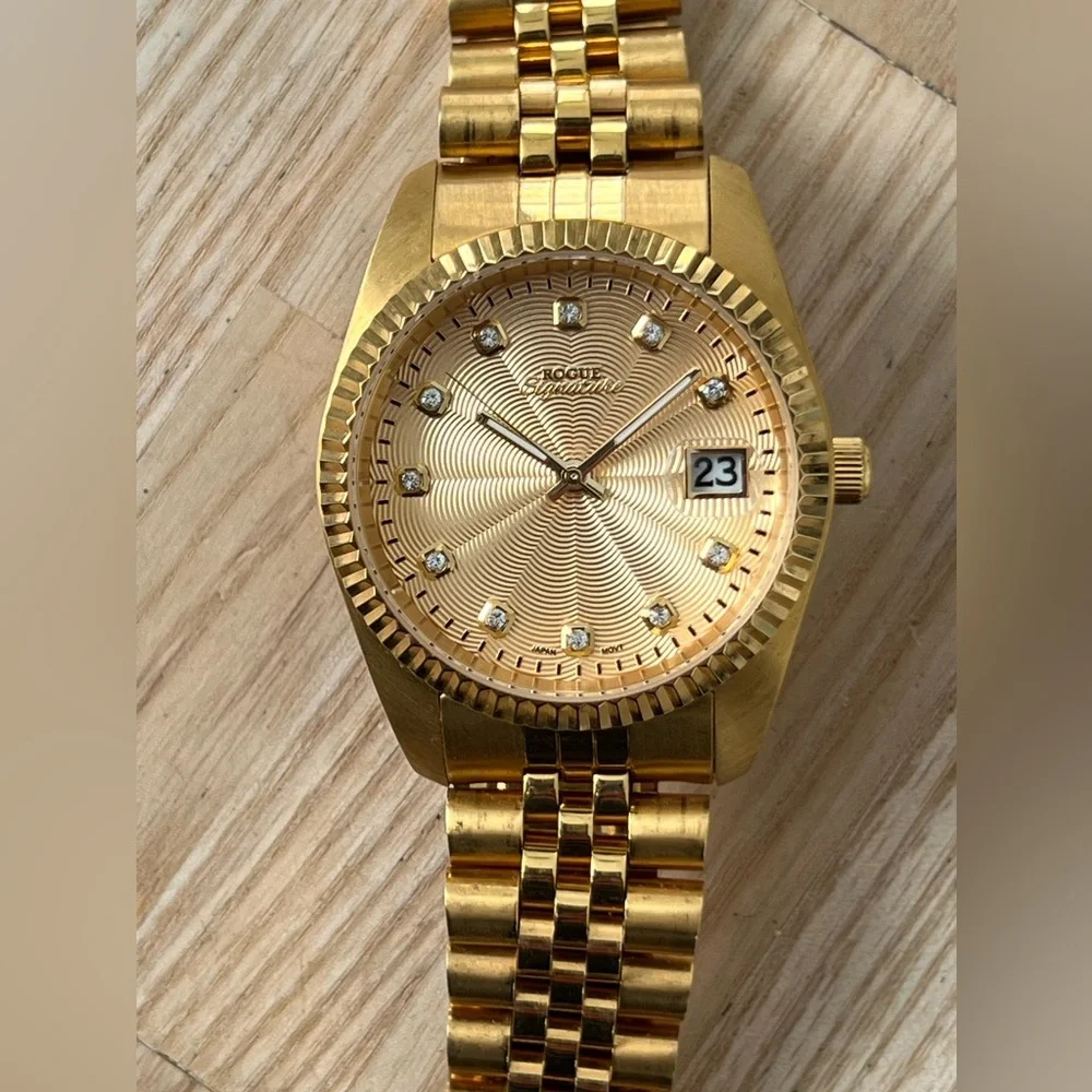 Rogue Signature Diamond Dress Watch Gold-Tone Dial, Case, Bracelet Date Window